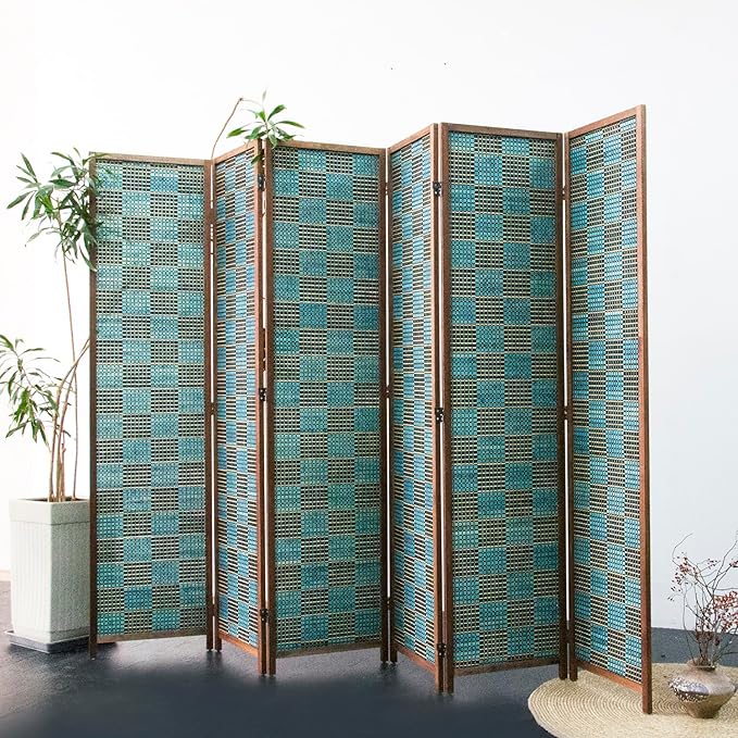 Furnnylane 6 Panel Room Divider Screen and Folding Panel Screen,Double Sided Bamboo Divider for Room Separation,Blue Square,67" H x 94.5" W