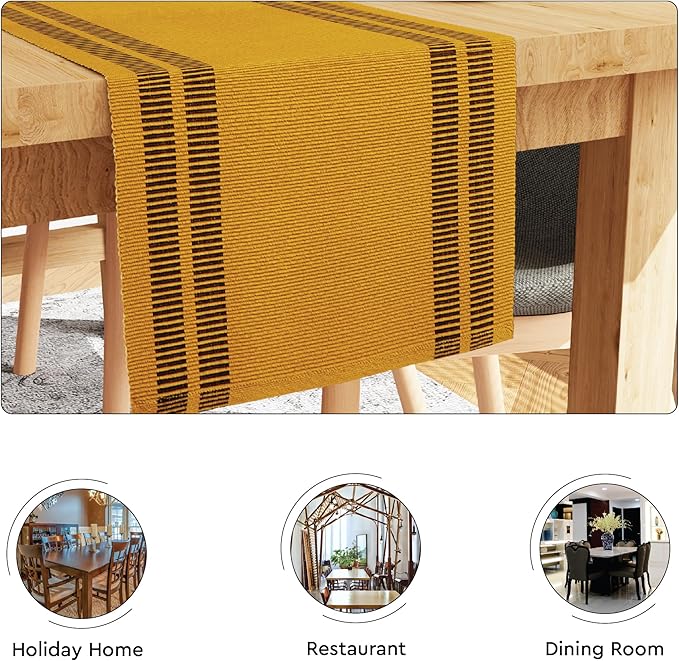 Encasa XO Dining Table Runner 13"x94" | Yarn Dyed Fine Ribbed Cotton | Ladder Yellow | Machine Washable