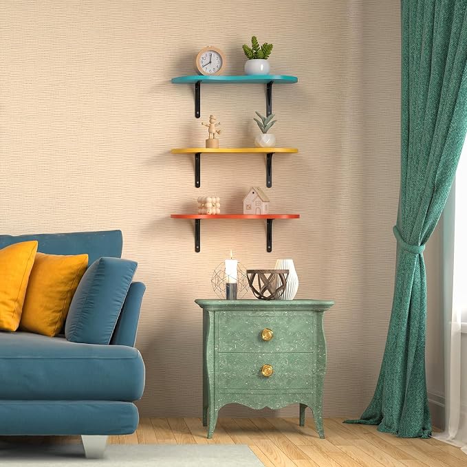 AceOrbit 3 Pcs Floating Shelves Wavy Cloud Shelves Wooden Shelf Live Edge Wall Mount Shelf Rustic Farmhouse Modern Ledge for Bedroom Living Room Home Decor Housewarming Gifts (Mid Century Color)