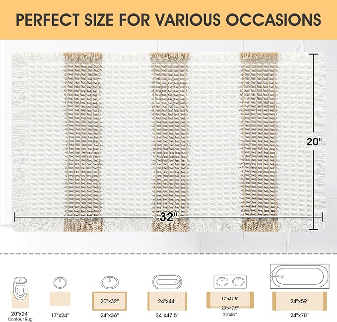 Upgrade Waffle Bath Mat, Boho Bathroom Rugs Absorbent Non Slip, Ultra Soft Bathroom Mat, Machine Washable Knit Bath Rugs with Stripe for Bathroom, Bedroom, Kitchen, Shower,Tub, 32"x20", Beige & White