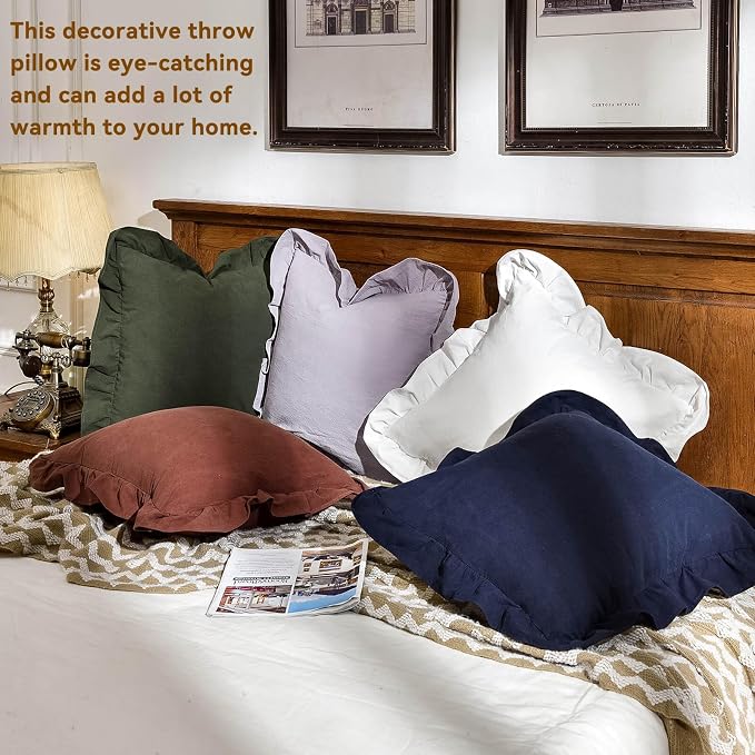 AmHoo Pack of 2 Throw Pillow Covers 100% Cotton Pre Washed Ruffle Decorative Pillowcase Cushion for Couch Sofa Bedroom 20 x 20-Inch Light Grey