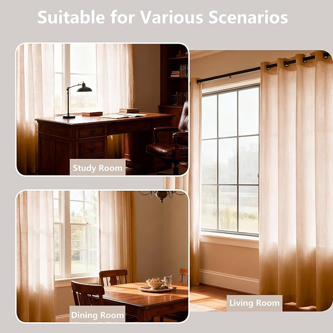 Linen Blended Sheer Curtains & Drapes - 108 Inches 2 Panels Set | Light Filtering & Semi-Sheer Privacy Protection, Grommet Top, Fits Living Room and Bedroom, 54 Inches Wide, Burnt Orange