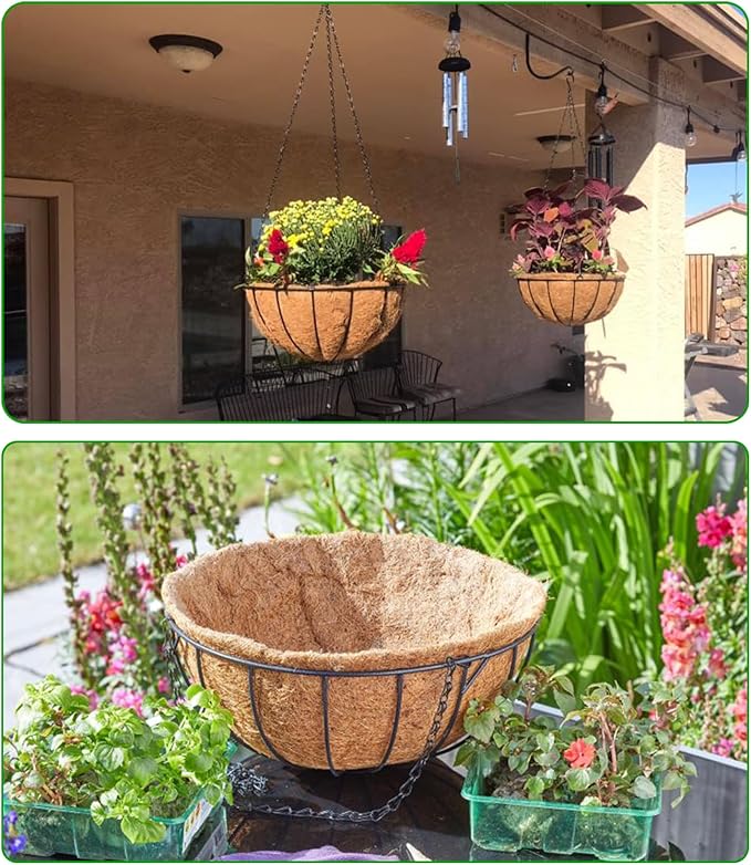 LCHUANG Hanging Baskets Planter for Plants - 2 Pack 12 Inch Metal Baskets with Coco Coir Liner, Hanging Flower Pots for Outside with Chain, Indoor Outdoor Garden Porch Decoration (12'' Pack of 2)