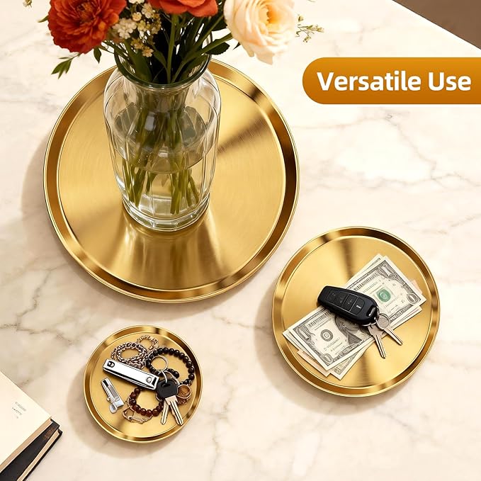 Round Gold Decorative Jewelry Tray - 3 Pack Stainless Steel Display Holder Tray Perfume Candle Key Decorative Storage Organizer for Desk Vanity Bathroom Dresser Kitchen Coffee Table
