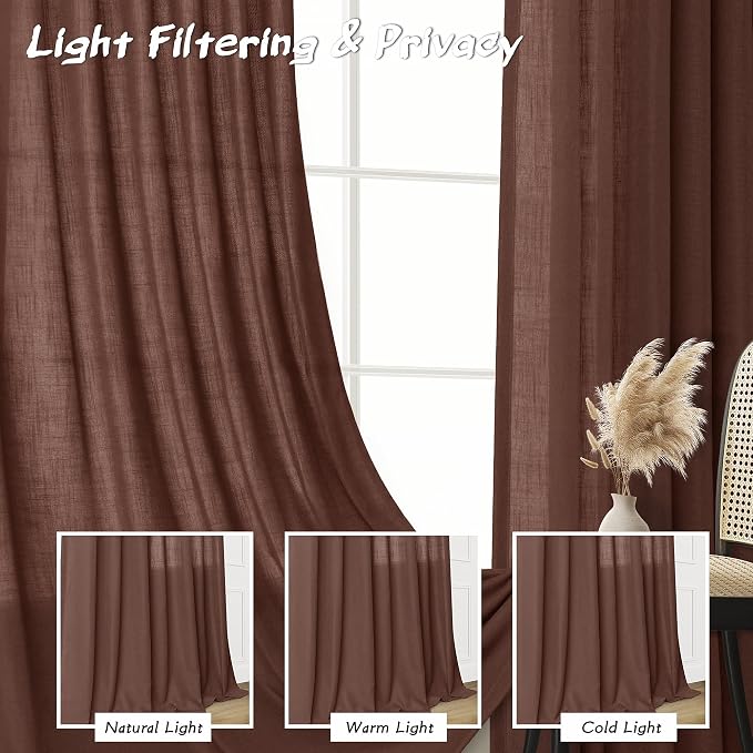 Joywell Rustic Brown Linen Curtains 96 Inches Length Light Filtering Neutral Farmhouse Boho Rod Pocket Back Tab Hook Belt Clip Rings Semi Sheer Window Drapes for Bedroom Living Room 2 Panels 52x96