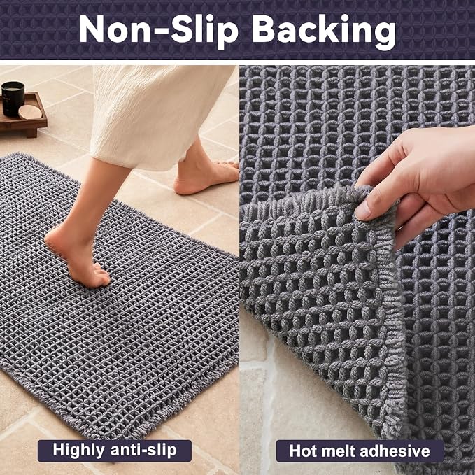 Triohero Waffle Runner Bath Mat - Long Bathroom Rugs Non Slip Washable, Ultra Soft Super Absorbent Quick Dry Boho Farmhouse Bathroom Decor, 24" x 72", Dark Grey