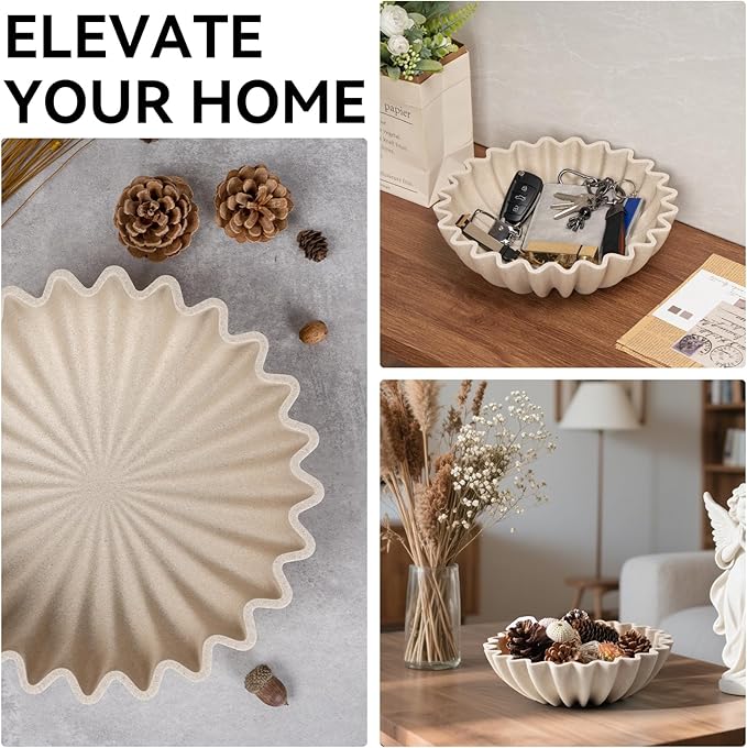 Large Decorative fruit bowl for Home Decor Modern Handicraft Key Bowl for Entryway Table Ruffle Centerpiece Stylish Purse Bowl for Kitchen Counter Coffee Table(Artificial Stone Beige)