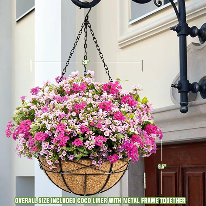 2 Pack 20 Inch Extra Large Deep Hanging Planters for Outdoor Plants Watering Hanging Baskets Flower Pots with Coco Liners Metal Hanging Plant Holder for Porch Balcony Garden Decor