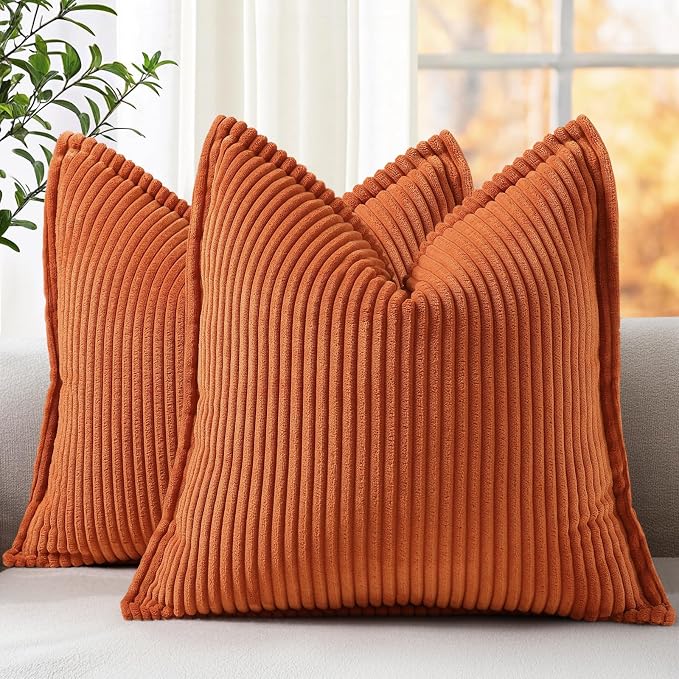 decorUhome Summer Corduroy Rust Throw Pillow Covers 16x16 Set of 2 Decorative Soft Boho Farmhouse Couch Pillow Covers for Living Room Bed Sofa Broadside Striped Pillow Cases