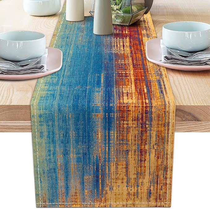 Orange and Blue Table Runner Modern Abstract Messy Rust Painting Linen Dresser Runner Vintage Farmhouse Style Table Decor for Kitchen Dining Wedding Coffee Home Party (Orange, 13"x 36")