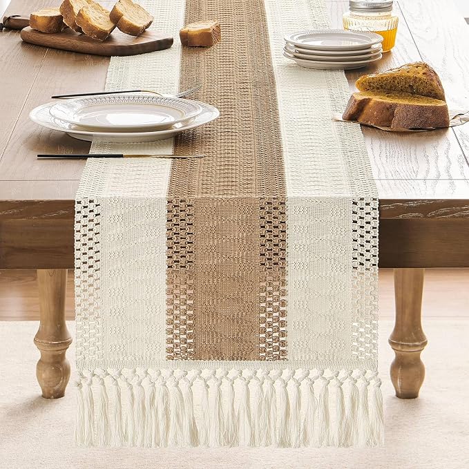 ZeeMart Macrame Style Bicolor Stitching Table Runner, 14 x 108 Inch Brown/Ivory, Boho Neutral Table Runners 108 Inches Long, Farmhouse Woven Home Decor