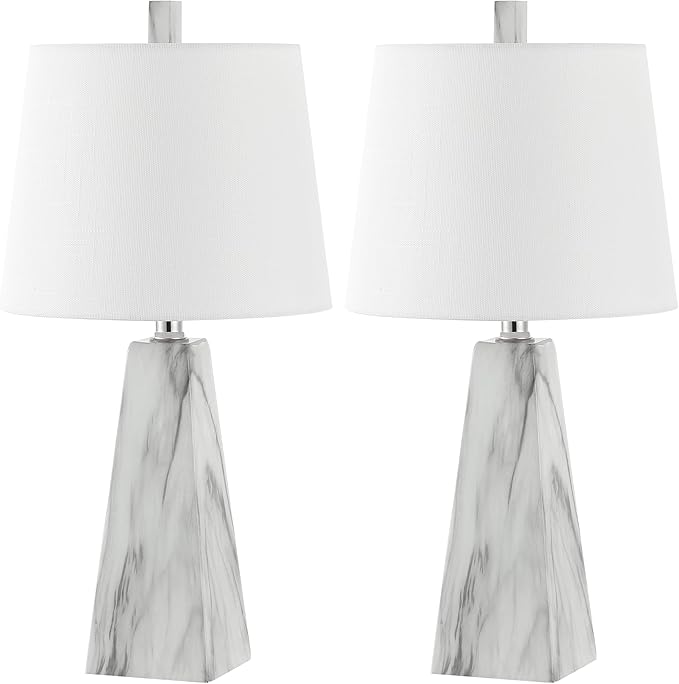 JONATHAN Y 20.5" White Marble Finish Modern Resin Table Lamp for Bedroom Living Room, Contemporary Faceted Bedside Lamp with White Linen Shade, LED Bulb Included (JYL1037A-SET2)