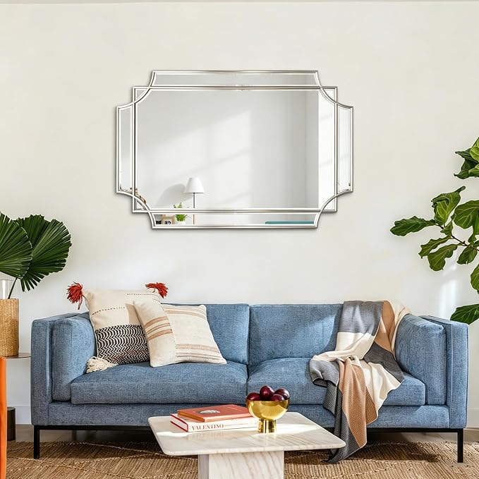 Geometric Beveled Mirror, 36" x 24" Silver Art Deco Mirror with Silver Wood Frame, Rectangle Accent Wall Mirror for Entryway, Bathroom, Living Room, Bedroom, Horizontal or Vertical Hanging