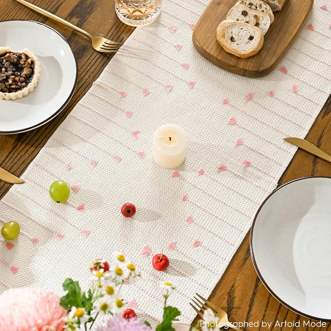 Artoid Mode Pink Boho Table Runner for Farmhouse Rustic，Seasonal Holiday Macrame Burlap Kitchen Dining Table Decoration for Home Party Decor 12x72 Inch
