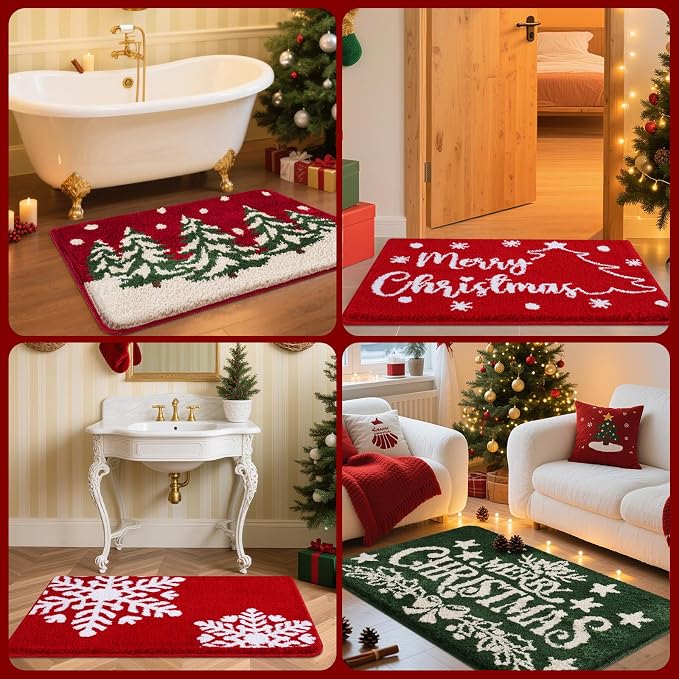 ACCUMTEK Upgraded Waffle Bath Mat，Super Absorbent Non-Slip Quick Dry Bathroom Rugs with Tassels,30"x20",Red-Snow,Red-Xmas Snowflakes
