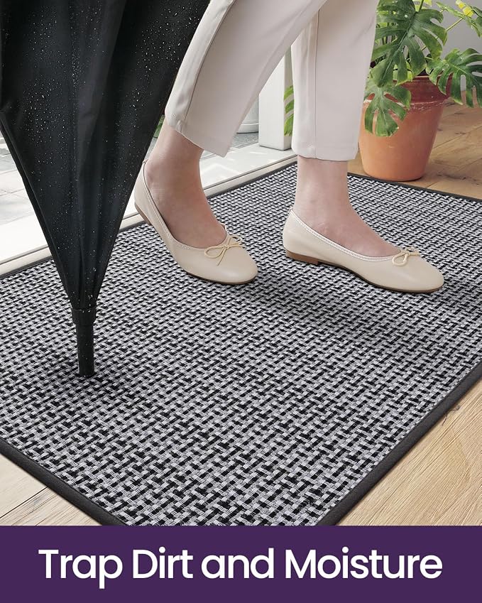 DEXI Ultra Thin Door Mat Indoor Entrance 24x36, Non Slip Rubber Backed Entryway Mats Dirt Trapper, Low Profile Front Doormat for Inside Entry, Patio, Porch, Grey and White