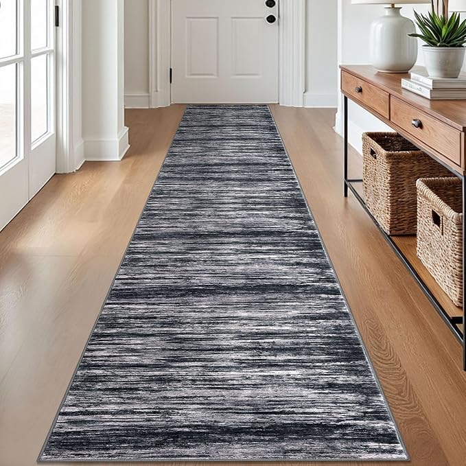 SIILOOM 2x12 Modern Abstract Runner Rug for Hallways, Black Super Soft Hallway Decor Kitchen Rugs with Non-Slip, Non-Shedding Washable Rug for Entryway Bedroom Indoor