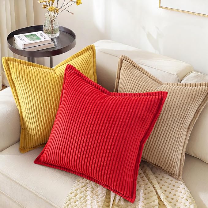 decorUhome Summer Corduroy Red Throw Pillow Covers 18x18 Set of 2 Decorative Soft Boho Farmhouse Couch Pillow Covers for Living Room Bed Sofa Broadside Striped Pillow Cases