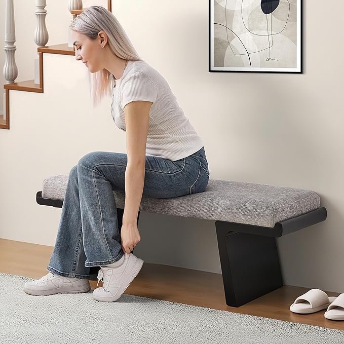 47.2’’ Bed Bench, Modern Upholstered Living Room Bench with Solid Wood Legs, Wooden Shoe Bench with Floating Design, Linen Fabric Dining Bench for Kitchen, Entryway (Grey/Black)