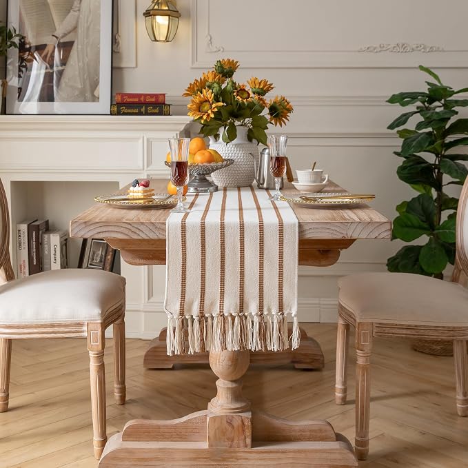 Caflife Boho Table Runner 60 Inchs Long Brown and Beige, Cotton and Linen Woven with Tassels, for Modern Rustic Farmhouse Neutral Table Runners, Bohemian Kitchen Dining Table Home Decor