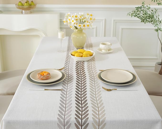 Alsoo Embroidered Tablecloth Rectangle 55 x 106 Inch, Farmhouse Otanical Floral Table Cloth Waterproof Washable Cotton Linen Fabric for Kitchen Dining Festival
