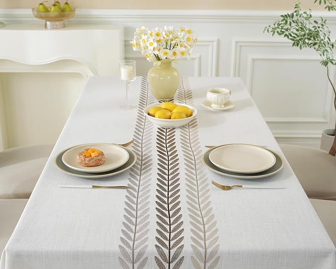 Alsoo Embroidered Tablecloth Rectangle 55 x 75 Inch, Farmhouse Otanical Floral Table Cloth Resuable Waterproof Washable Cotton Linen Fabric for Kitchen Dining Festival