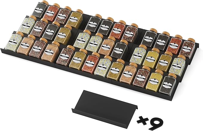ABS Spice Drawer Organizer, Spice Rack Tray for Kitchen Cabinet, 9 Pieces Set-Expandable Seasoning Storage Rack From 8"-24" Insert for Drawer/Countertop (Jars Not Included)