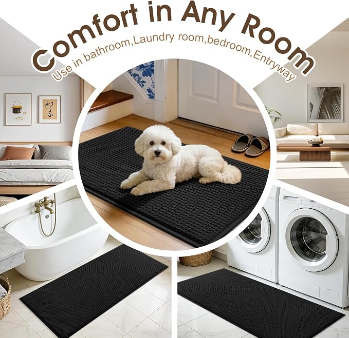 ACCUMTEK Memory Foam Bath Mat, Ultra Soft Absorbent Waffle Bathroom Rugs, Super Non-Slip PVC Backing Bath Rug Quick Dry, Machine Washable Rug for Tub, Shower, Home Decor Accessory, 32" x 20", Black