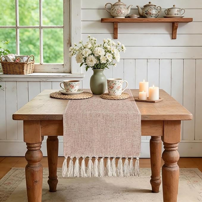 yuboo Boho Table Runner 48 Inches - Neutral Coffee Table Runner for Living Room, Summer Table Decor, Small Round Dining Table, Dresser Scarves (55" with Tassels)
