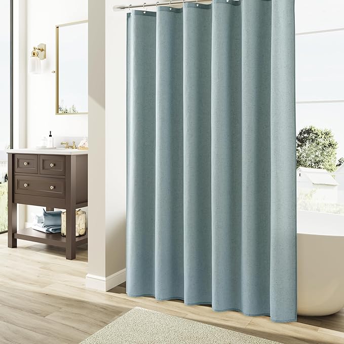 Naturoom Light Blue Linen Shower Curtain, Country Boho Farmhouse Bath Decor Shower Curtains Neutral Cloth Weighted Textured Fabric Bath Curtain Liner with Hooks, 72x84