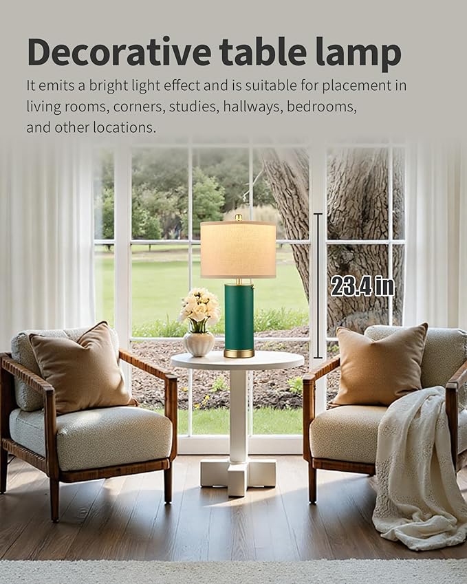 KDG 23.4" Green PU Leather Table Lamps for Living Room Set of 2, E26 Socket Modern Home Decor Fabric Lampshade Desk Lamp Lighitng for Bedroom, Bedside, Farmhouse, Nightstand, Night Light