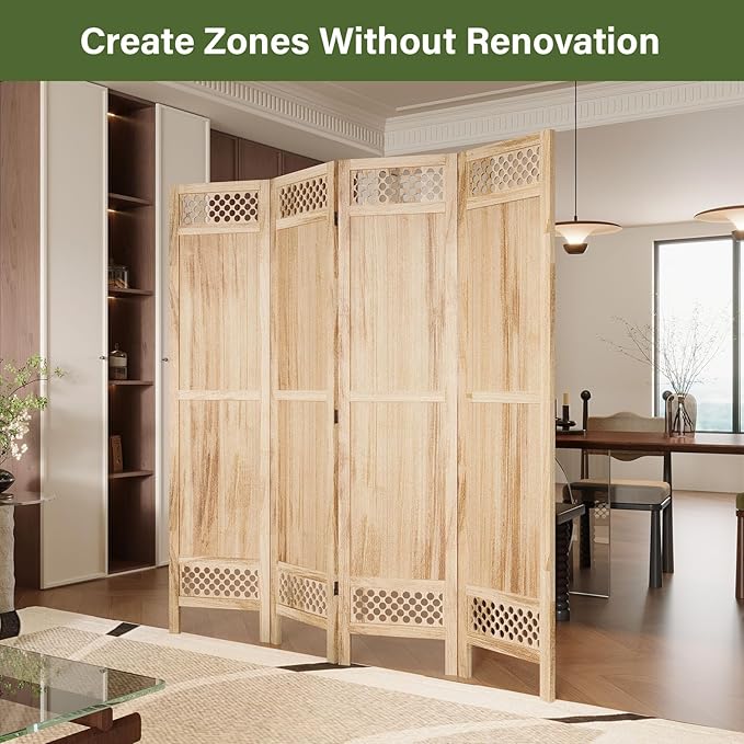 Privacy Screen Room Divider Panel - 67 Inch Tall Natural Wood Folding Partition Room Dividers, No-Assembly Required, Enhance Privacy and Aesthetic Appeal, Ideal for Home or Office Natural 4 Paned