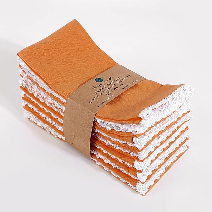 FINGERCRAFT Dinner Cloth Napkin Cotton Linen Blend 4 Pack Mitered Corners with Elegant Lace for Everyday Use Napkins are Pre Shrunk and Good Absorbency Rust Easter Color