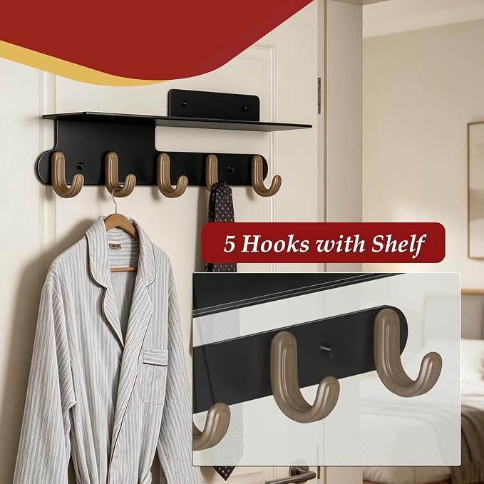 Coat Rack Wall Mount with Shelf for Entryway, Wall Hooks with 5 Hooks Entryway Hanging Shelf with Storage for Entryway, Bathroom, Bedroom, Mudroom, Modern Floating Wall Shelves with Hooks (Black)