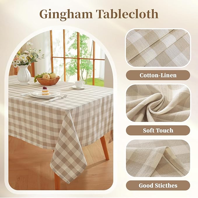 Beige Gingham Tablecloth, Neutral Checkered Table Cloth Cotton Linen Fabric, Washable Wrinkle Free Tan Buffalo Plaid Table Cover for Farmhouse, Dining, Kitchen Party 60"x120" Rectangle
