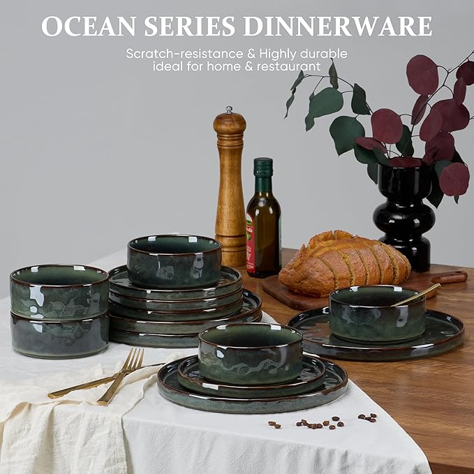 LIANYU Stoneware Dinnerware Dishes Sets for 8, 24 Piece Plates and Bowls Dishware Set, Ceramic Dinning Ware Includes Dinner Salad Plates, Cereal Bowls, Chip & Scratch Resistant,Moss Green