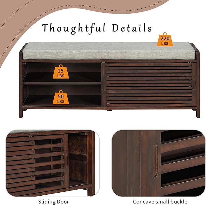 Ball & Cast Entryway Storage Bench with Shutter Doors, 43.3" Wooden Shoes Organizer, Modern Movable Upholstered Seat Entryway Shoe Rack Cabinet for Hallway Living Room, Espresso