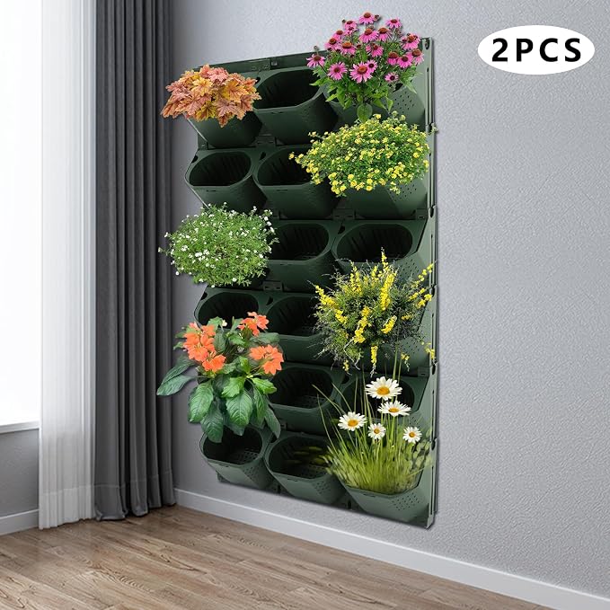 Vertical Wall Planter with 36 Pots, Hanging Garden Plant Flowerpot Holder, Stackable Wall-Mounted Planter, Balcony Planters for Flowers Vegetables Fruits (Army Green, 36 Pots)