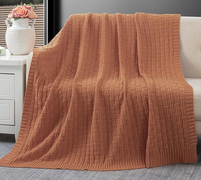 RUDONG M Rust Orange Cotton Cable Knit Throw Blanket, Cozy Warm Knitted Couch Cover Blankets, 60 x 80 Inch