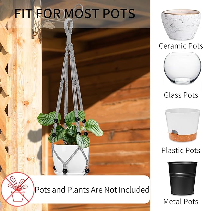 Macrame Plant Hanger - Fits 4 to 13 inches Pots for Indoor Outdoor, 35"/29"/23" Different Sizes Set, Gray (POTS NOT Included)