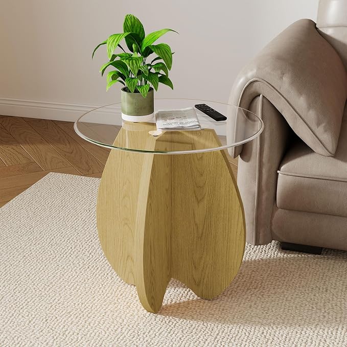 MDF Frame Side Table with Brown Tempered Glass Top, Mortise and Tenon Joint Design, No Screw Easy Assembly, Sturdy End Table for Living Room, Bedroom (Shell-Natural)