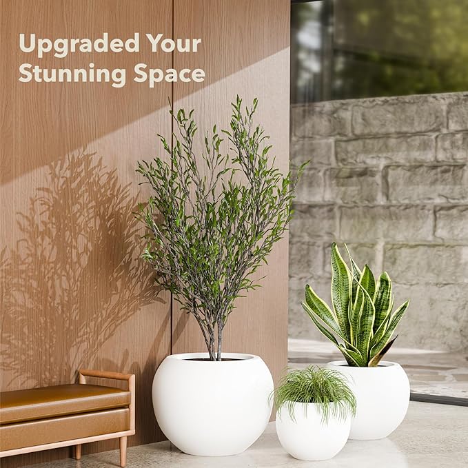 KUTE NEST 12.8"H x 16"D Premium Globo Fiberstone Round Planter with Drainage Hole, Smooth Finishes, Weather Resistant for Indoor and Outdoor Use, Included 2 Extra Coco Mats (White, 10.7" Pot Opening)