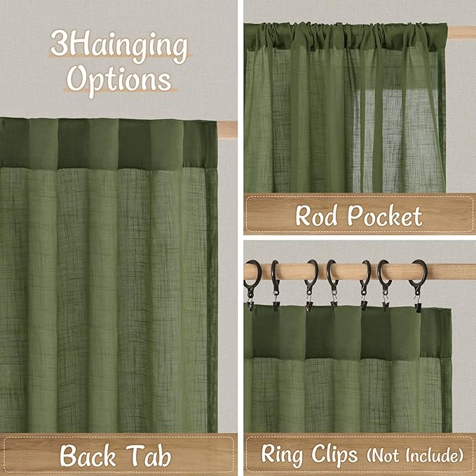 LAMIT 90 Inches Long Sheer Linen Curtains for Living Room, Olive Green Light Filtering Christmas Panels Back Tab and Rod Pocket Boho Farmhouse Drapes for Bedroom/Dining Room, 2 Panles, 52 x 90 Inch