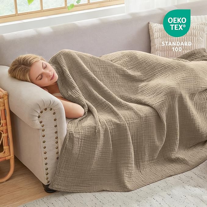 EMME Cotton Muslin Throw Blanket for Couch Breathable Gauze Soft Lightweight Blankets for Adults (Tan, 50"x60")