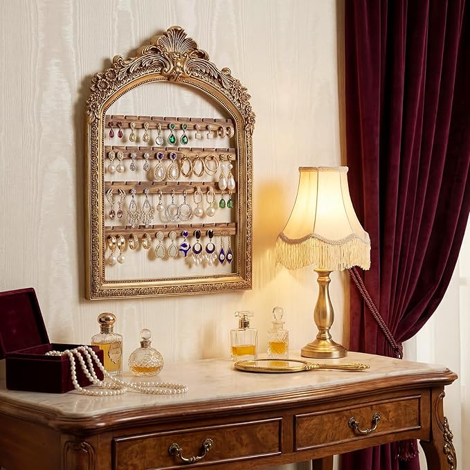 1 Pcs 13 x 9.3'' Wall Hanging Earring Holder Organizers Vintage Arched Frame 4 Layer Wall Mounted Jewelry Holder Decorative Retro Baroque Stud Earring Display (Gold)
