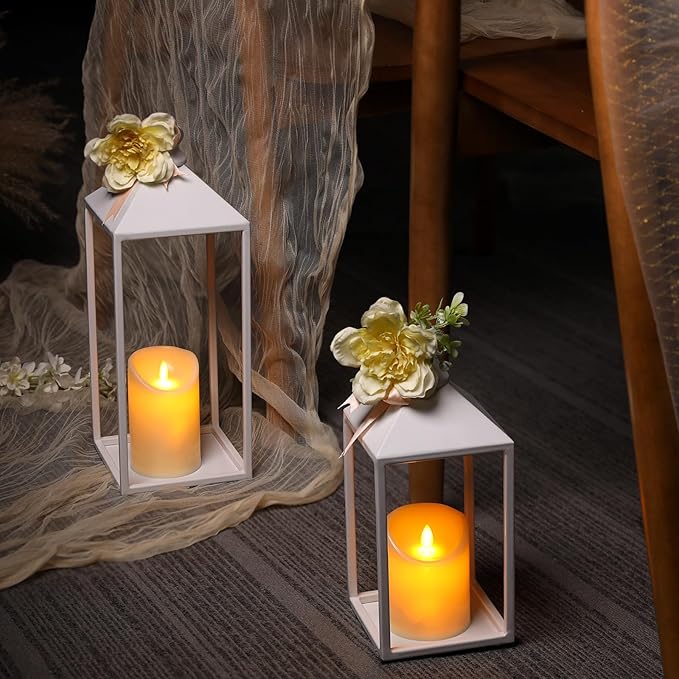MATAHUM 2pcs Wedding Lanterns Decorative with LED Flameless Candle - White Vintage Farmhouse Metal Decorative Candle Lanterns for Wedding, Fireplace, Table Centerpiece, Indoor, Room, Valentine Decor