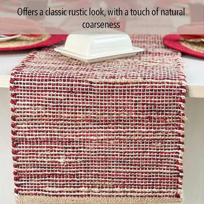 Chardin home Natural Jute Table Runner 13x90 Inch – Vintage Boho Rustic Table Decor – Handwoven Table Runner in Natural Jute and Red – Farmhouse Dining or Console Table Accent