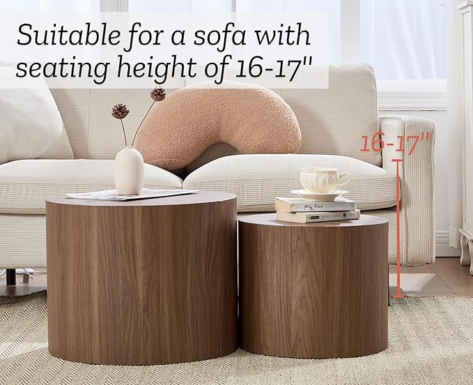EALSON Nesting Coffee Tables Set of 2 Farmhouse Small Round End Tables Modern Wood Circle Side Table Drum Table for Living Room Small Spaces Bedroom Balcony, No Assembly, Walnut