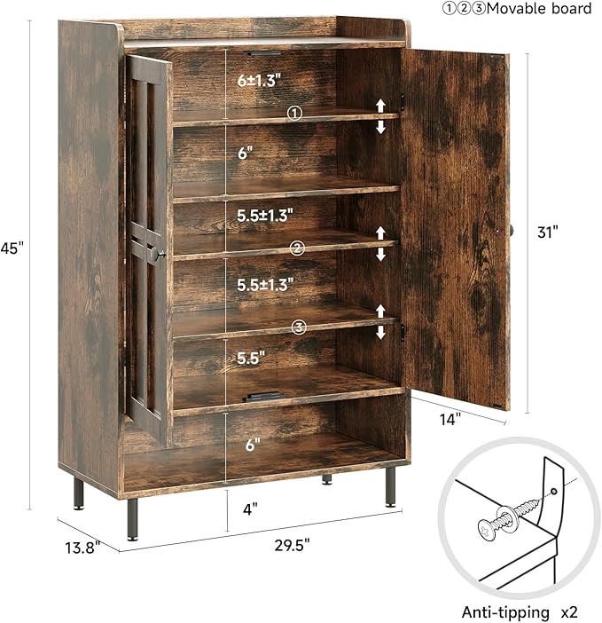 ComfyCorner Brown 7+1 Tier Farmhouse Shoe Storage Cabinet - 45" Tall Entryway Organizer with Cross Molding Doors, 3 Adjustable Shelves & Metal Legs, Shoe Rack for Front Door Entrance