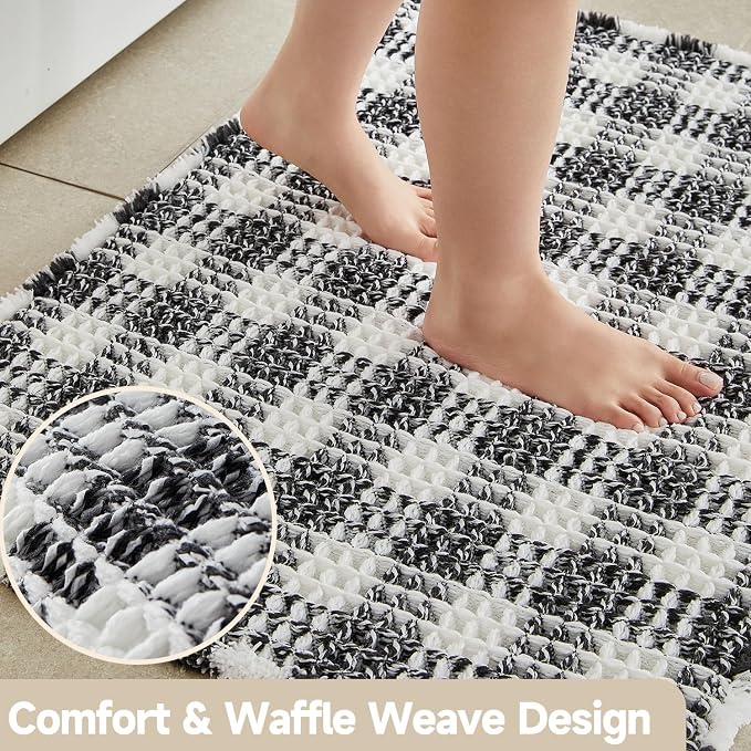 TYUU Waffle Runner Rug Bathroom, Long Boho Bathroom Rugs Non Slip Washable Absorbent Checkered Bathroom Mat Quick Dry Farmhouse Bath Mat, 60"x24" Black and White